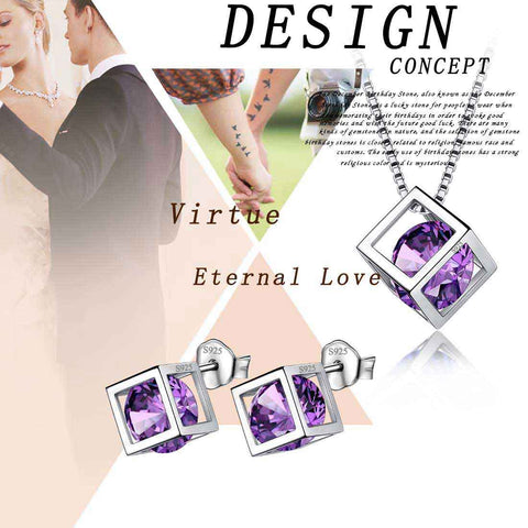 3D Cube Birthstone February Amethyst Jewelry Set 3PCS Women Girls Birthday Gift
