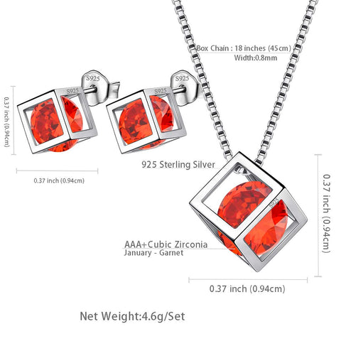 Ensemble de bijoux en grenat de janvier, pierre de naissance Cube 3D, 3 pièces, cadeau d'anniversaire pour femmes et filles