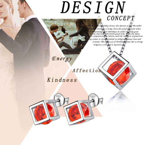 Ensemble de bijoux en grenat de janvier, pierre de naissance Cube 3D, 3 pièces, cadeau d'anniversaire pour femmes et filles
