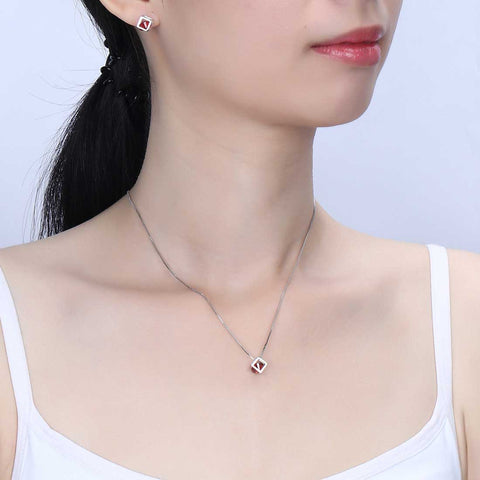 Ensemble de bijoux en grenat de janvier, pierre de naissance Cube 3D, 3 pièces, cadeau d'anniversaire pour femmes et filles