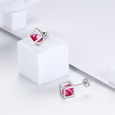 3D Cube Birthstone July Ruby Earrings Stud Women Girls Jewelry Birthday Gift Sterling Silver