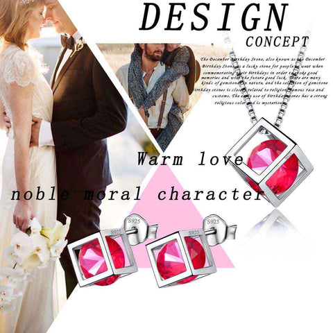 3D Cube Birthstone July Ruby Jewelry Set 3PCS Women Girls Birthday Gift