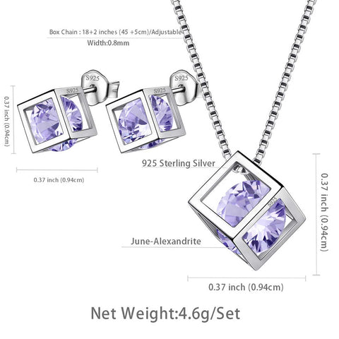 Ensemble de bijoux en alexandrite de juin, pierre de naissance Cube 3D, 3 pièces, cadeau d'anniversaire pour femmes et filles