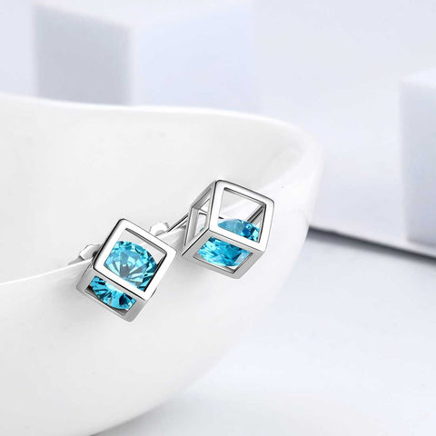 3D Cube Birthstone March Aquamarine Earrings Stud Women Girls Jewelry Birthday Gift Sterling Silver