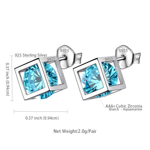 3D Cube Birthstone March Aquamarine Earrings Stud Women Girls Jewelry Birthday Gift Sterling Silver