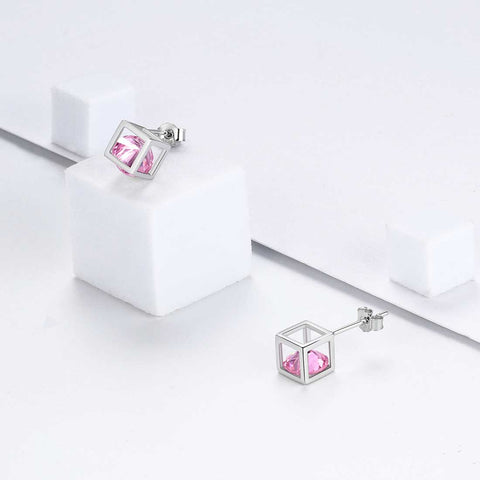 Boucles d'oreilles en tourmaline Cube 3D avec pierre de naissance d'octobre, bijoux pour femmes et filles, cadeau d'anniversaire en argent sterling