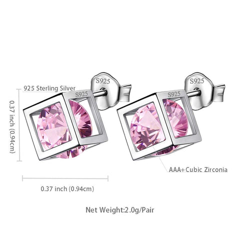 Boucles d'oreilles en tourmaline Cube 3D avec pierre de naissance d'octobre, bijoux pour femmes et filles, cadeau d'anniversaire en argent sterling