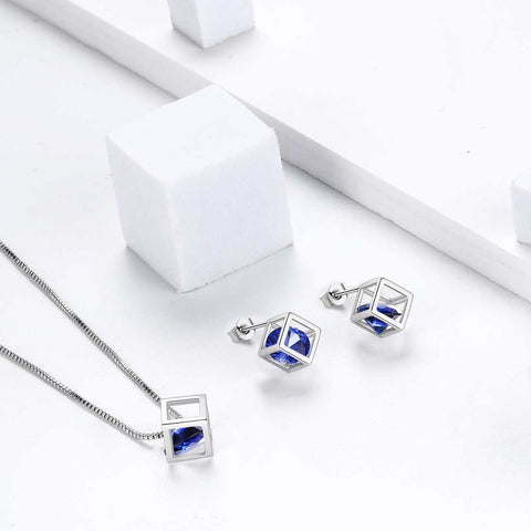 Ensemble de bijoux en saphir Cube 3D, pierre de naissance de septembre, 3 pièces, cadeau d'anniversaire pour femmes et filles