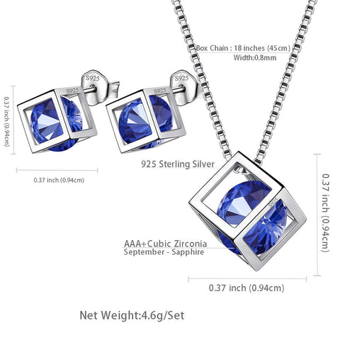 Ensemble de bijoux en saphir Cube 3D, pierre de naissance de septembre, 3 pièces, cadeau d'anniversaire pour femmes et filles