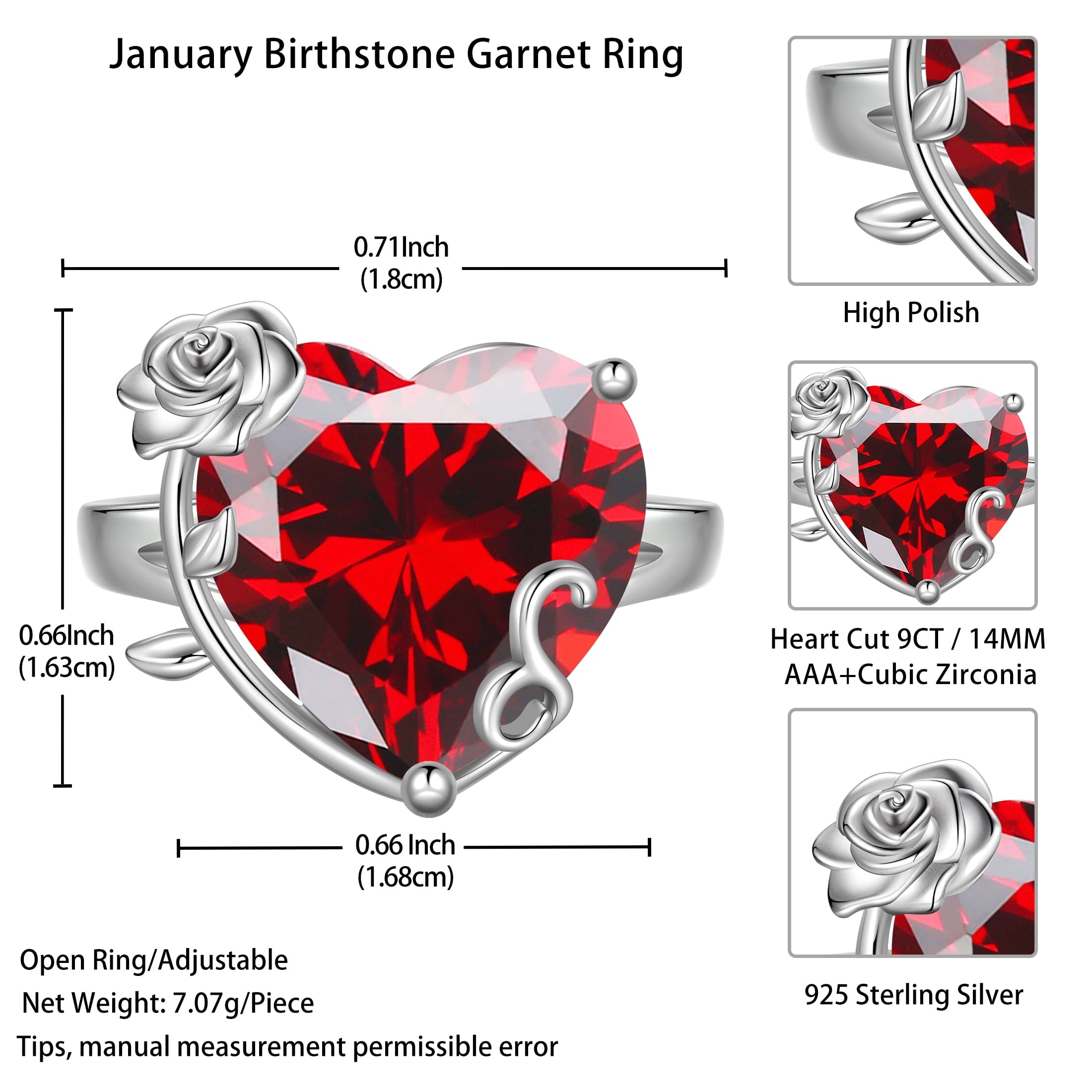 9Ct Women Heart Ring 925 Sterling Silver Rose Flower January Birthstone Red Garnet Solitaire Ring Jewelry Mother Birthday Valentine's Day Gift - Aurora Tears