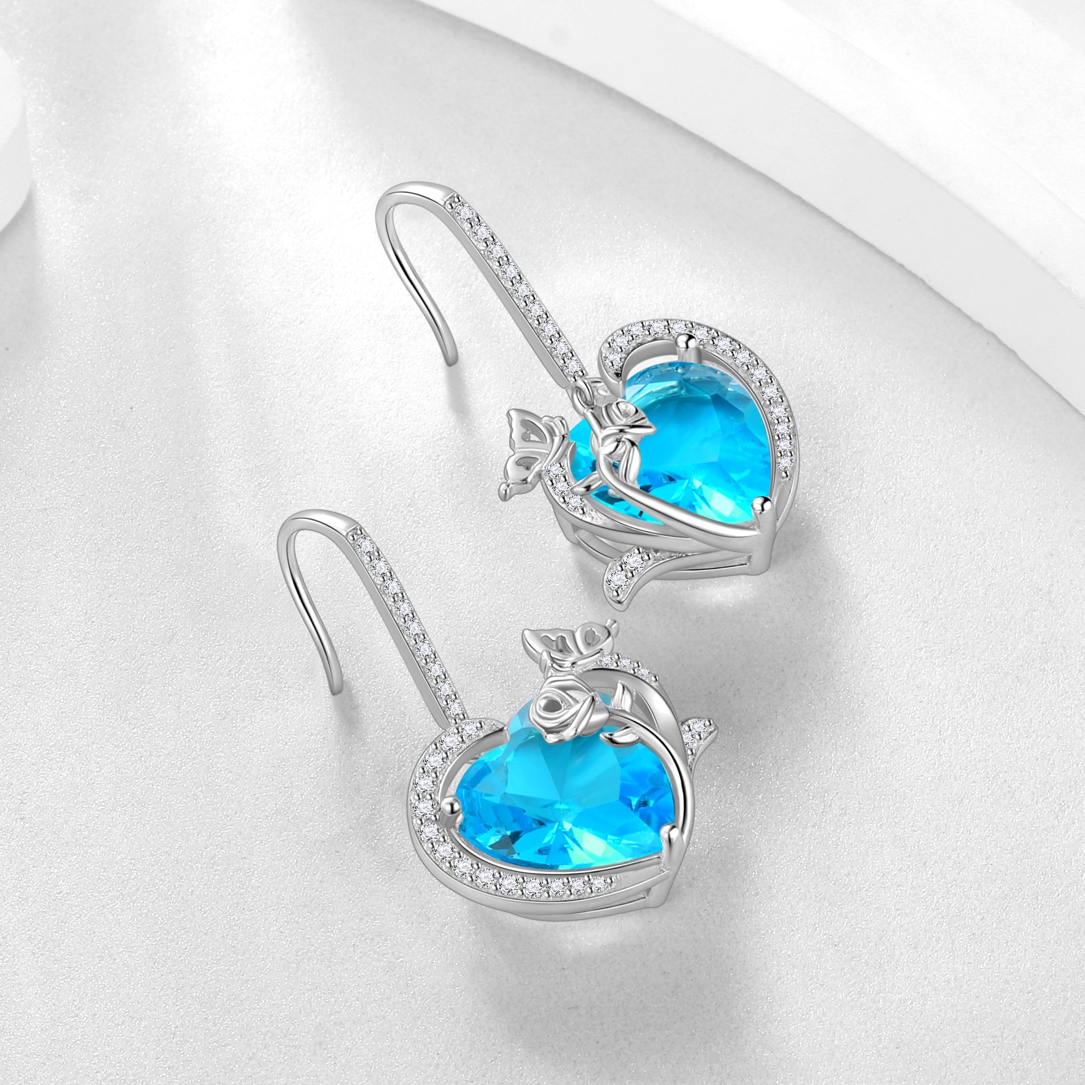 Women March Birthstone Drop Dangle Earrings Heart Aquamarine Blue Butterfly Flower 925 Sterling Silver Hook Jewelry Mother Birthday Gift - Aurora Tears
