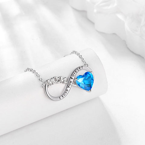 Women Infinity Heart Necklace for Mom March Birthstone Necklace Aquamarine Blue Pendant 925 Sterling Silver Jewelry Birthday Mother's Day Gift - Aurora Tears