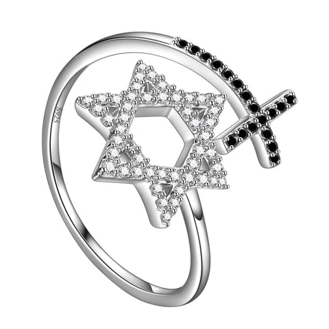 Anel feminino com estrela de Davi, anel masculino com cruz de estrela de Davi, joia judaica de prata esterlina
