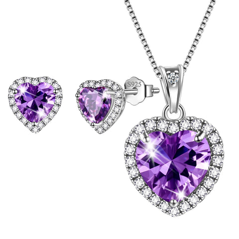 Ensembles de bijoux cœurs 3 pièces, collier avec pierre de naissance pour femmes, boucles d'oreilles, bijoux pour filles, cadeau d'anniversaire, argent Sterling 925