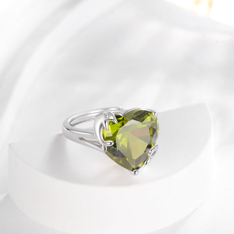 9Ct Women Heart Ring 925 Sterling Silver Dolphin August Birthstone Peridot Solitaire Ring Jewelry Mom Christmas Birthday Gift - Aurora Tears