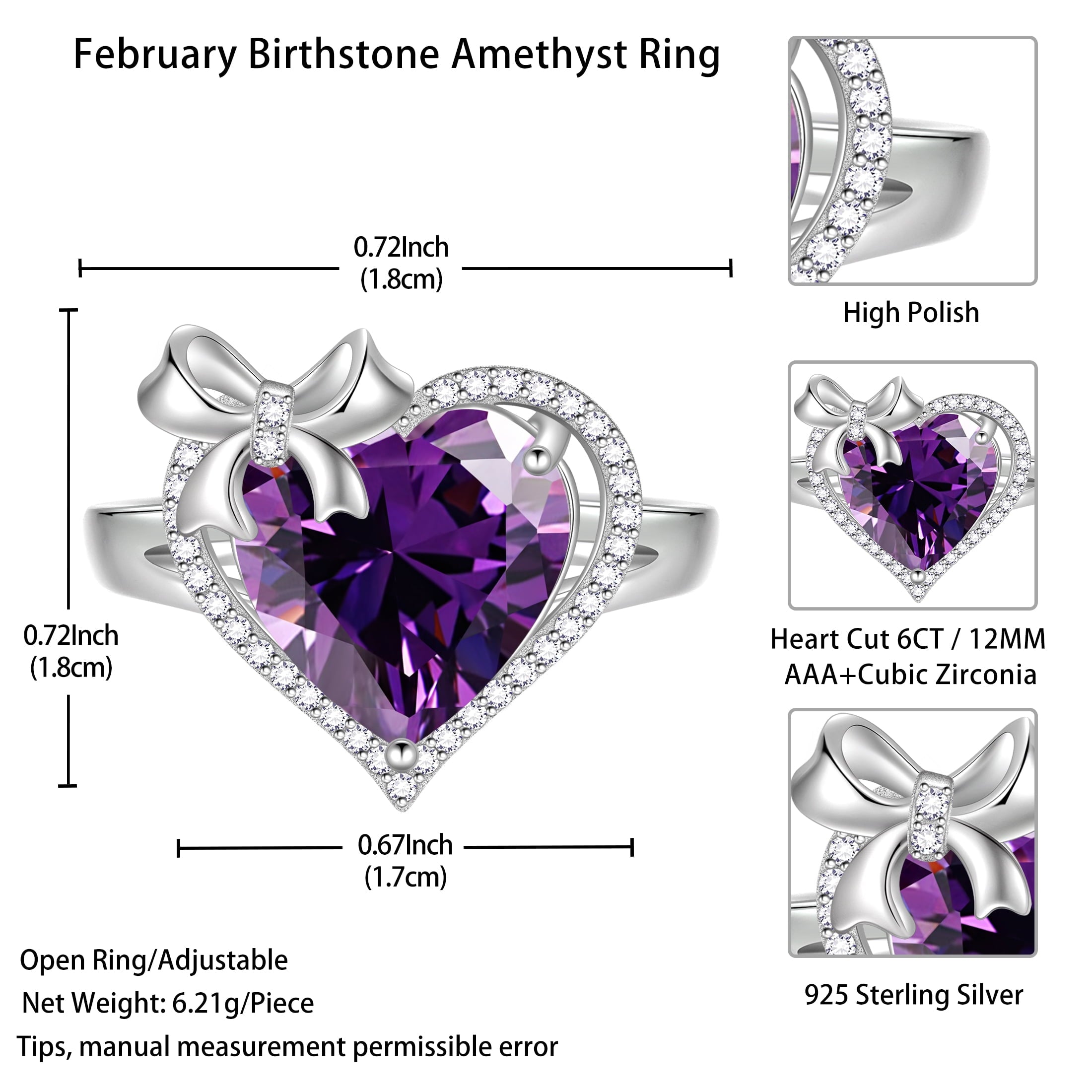 6Ct Heart Women Ring Bow Kont Ribbon 925 Sterling Silver February Birthstone Amethyst Ring Purple Solitaire Jewelry Mother Valentine's Day Gift for Wife - Aurora Tears