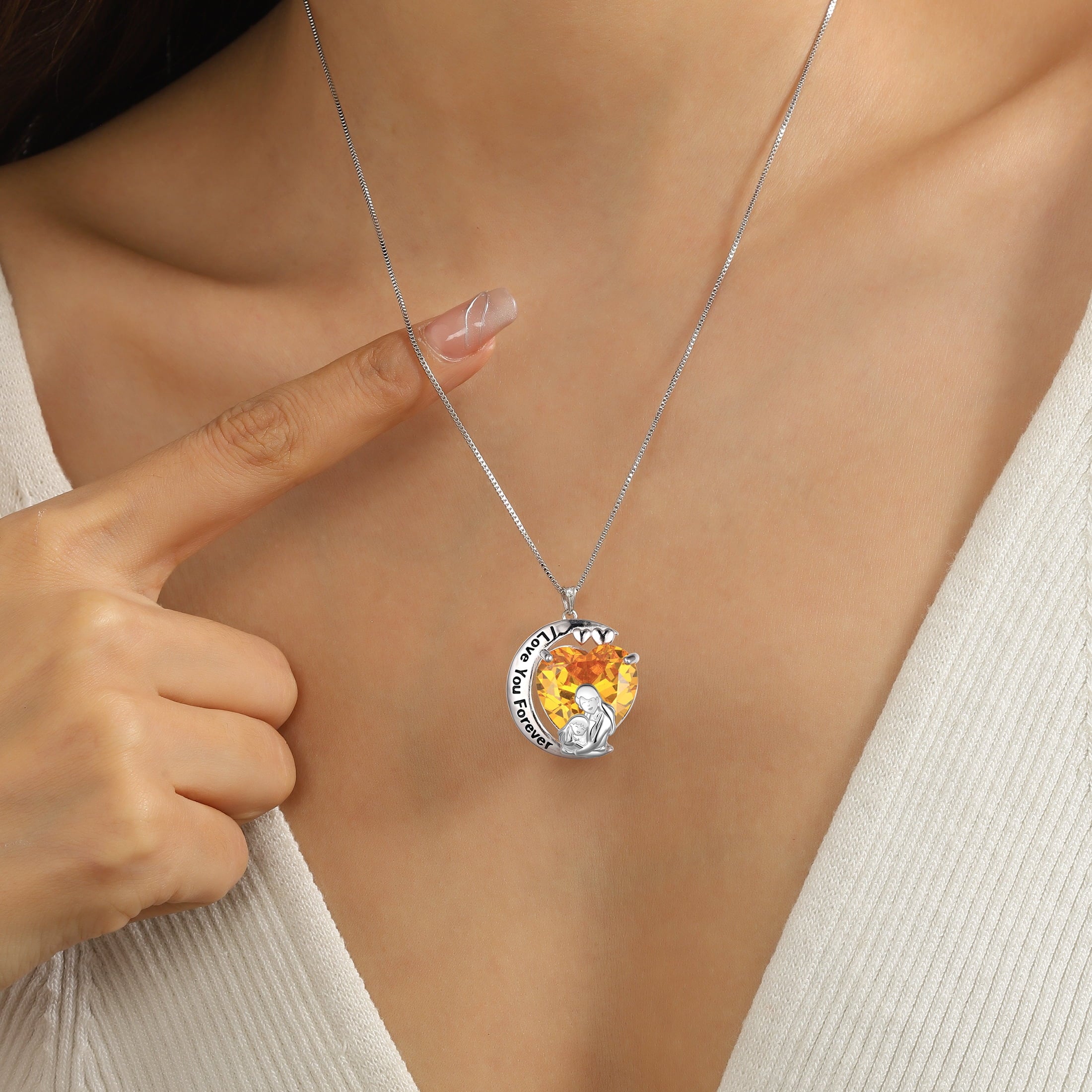 Moon Love Heart Mother and Daughter Necklace 925 Sterling Silver Yellow Citrine November Birthstone Pendant Jewelry Women Mom Christmas Birthday Gift for Daughter - Aurora Tears