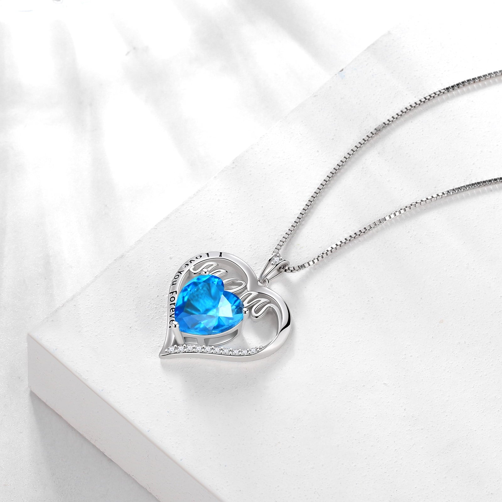 Women Mom Necklace Heart March Birthstone Necklace Aquamarine Blue 925 Sterling Silver Pendant Jewelry Christmas Birthday Mother's Day Gift - Aurora Tears