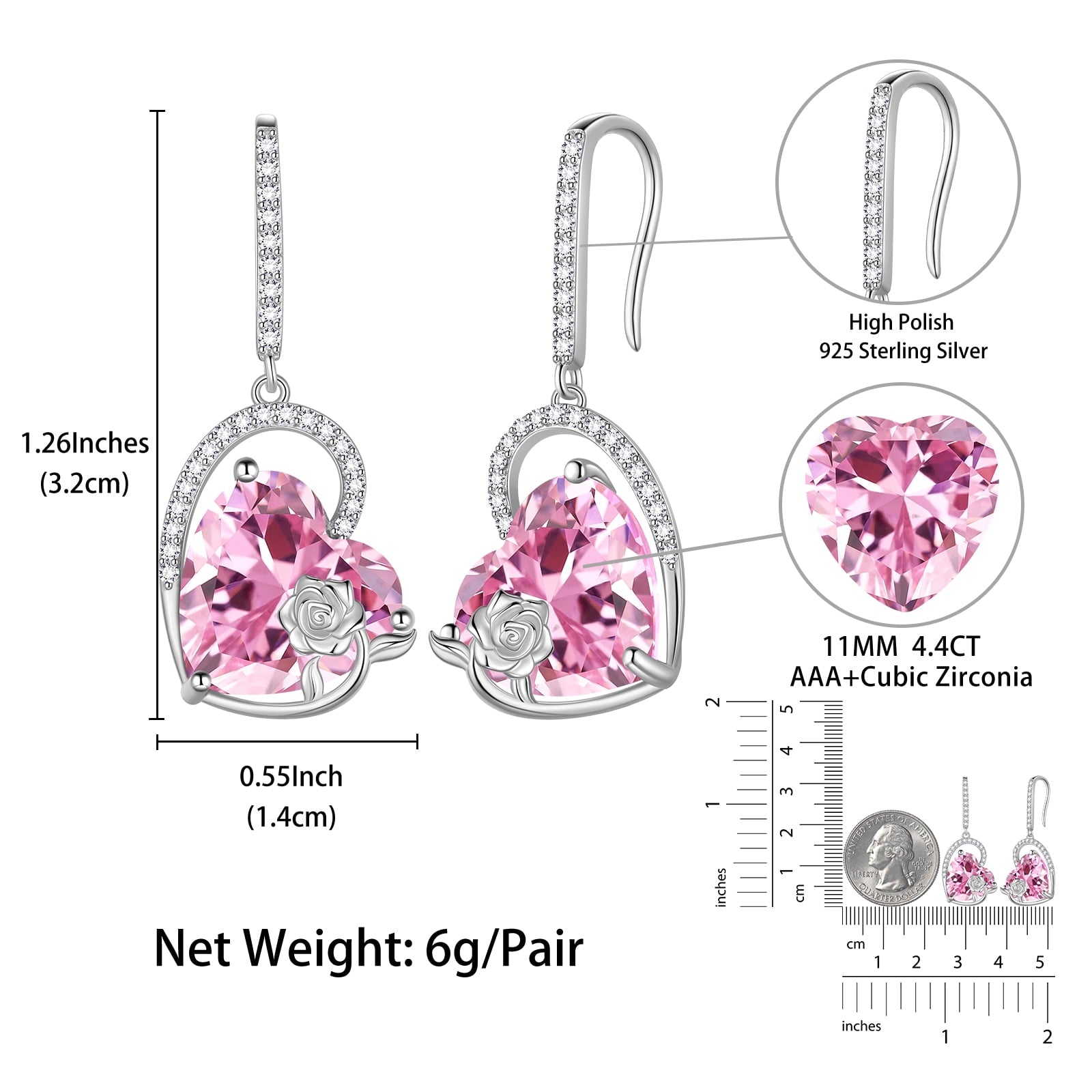 925 Sterling Silver Earrings Women Heart October Birthstone Hook Dangle Earring Tourmaline Pink Rose Jewelry Mother Christmas Valentine's Day Gift - Aurora Tears