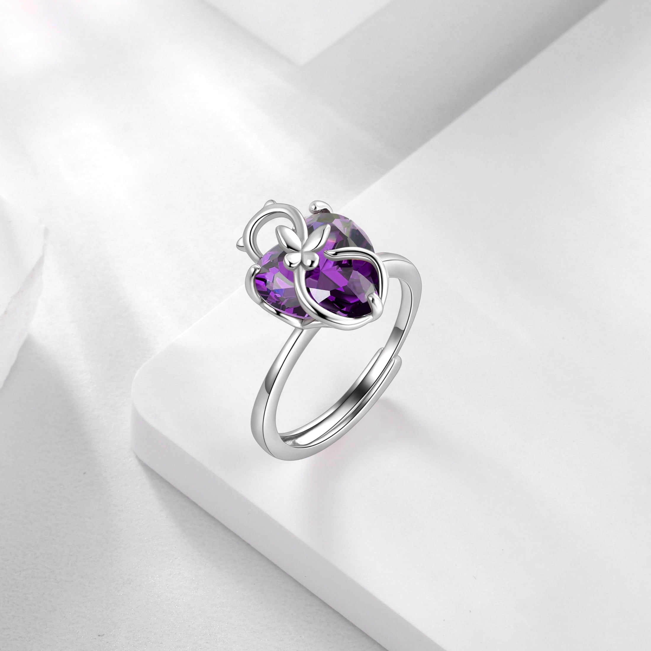 Women Heart Ring 925 Sterling Silver Cat Butterfly February Birthstone Amethyst Purple Solitaire Ring Jewelry Girlfriend Cat Lover Valentine's Day Gift - Aurora Tears
