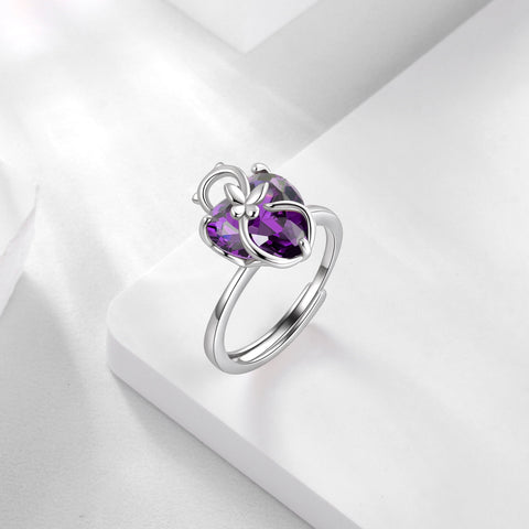 Women Heart Ring 925 Sterling Silver Cat Butterfly February Birthstone Amethyst Purple Solitaire Ring Jewelry Girlfriend Cat Lover Valentine's Day Gift - Aurora Tears