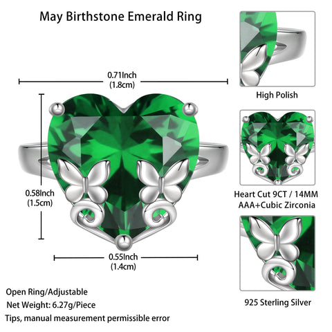 9Ct Women Heart Ring 925 Sterling Silver Butterfly May Birthstone Emerald Green Solitaire Ring Jewelry Birthday Mother's Day Gift - Aurora Tears