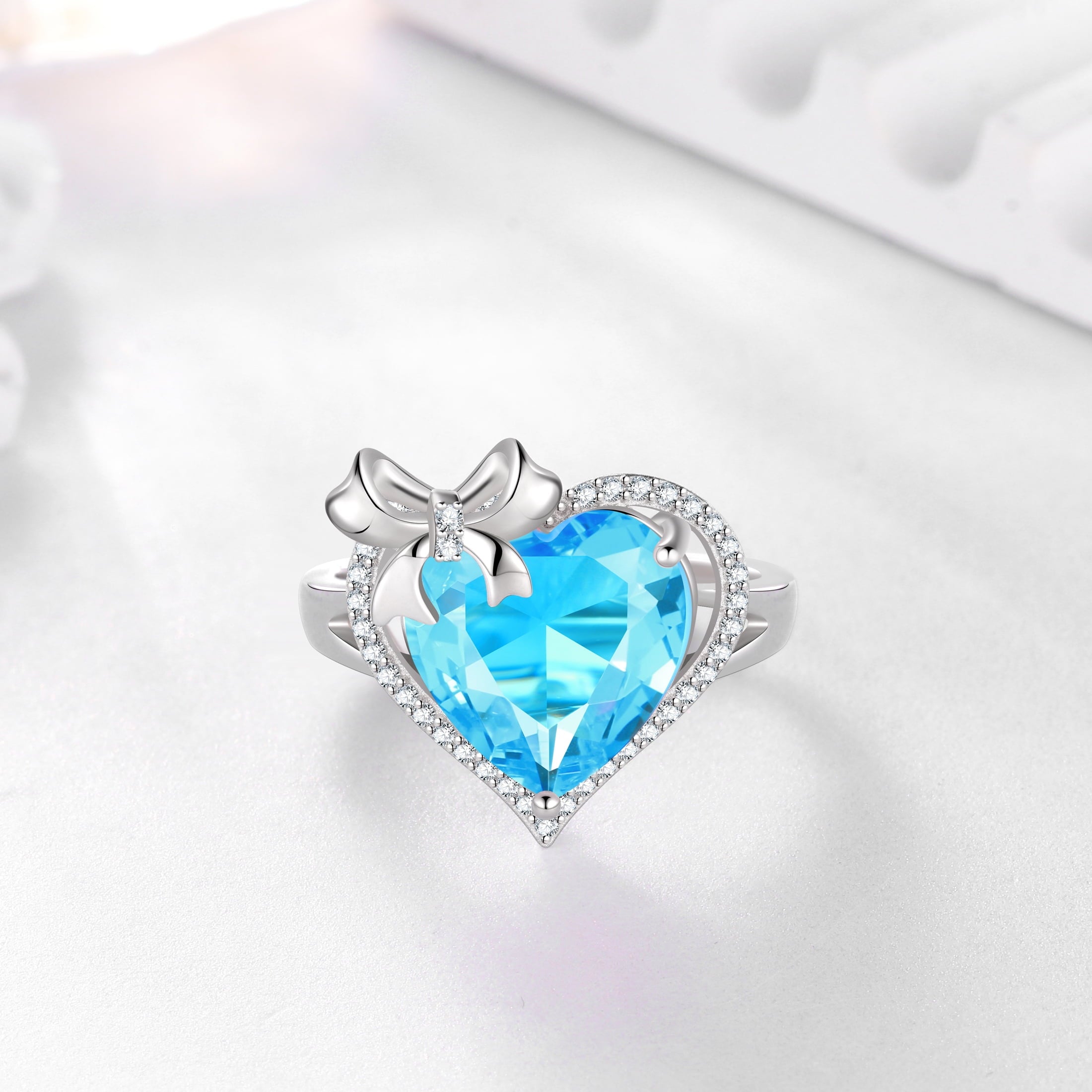 6Ct Heart Women Ring Bow Kont Ribbon 925 Sterling Silver March Birthstone Aquamarine Adjustable Ring Blue Solitaire Jewelry Wife Mother Valentines Gift - Aurora Tears