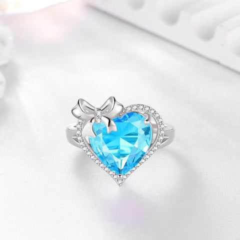 6Ct Heart Women Ring Bow Kont Ribbon 925 Sterling Silver March Birthstone Aquamarine Adjustable Ring Blue Solitaire Jewelry Wife Mother Valentines Gift - Aurora Tears