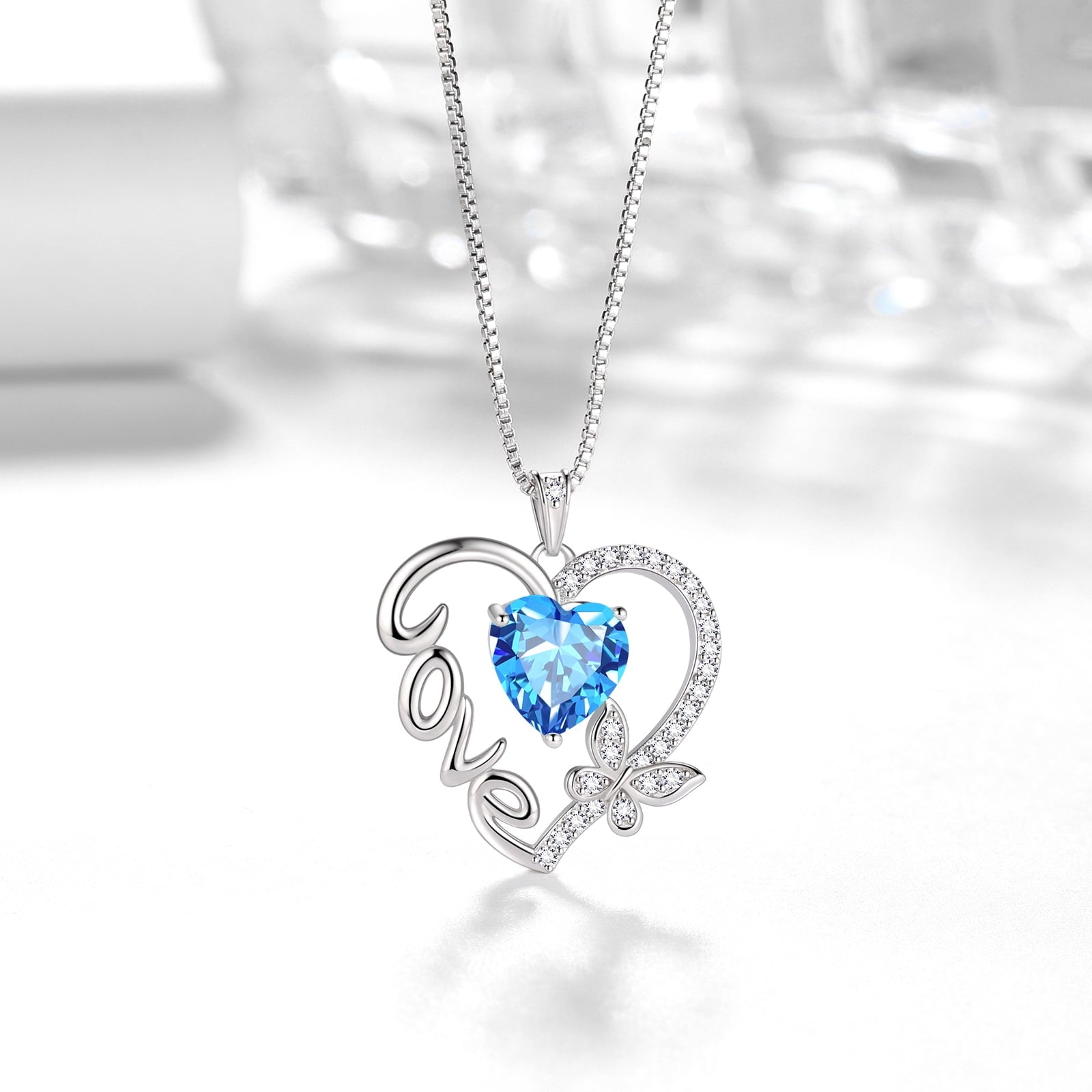 Women Blue Love Heart Necklace Butterfly March Birthstone Necklace Aquamarine CZ 925 Sterling Silver Pendant Jewelry Birthday Mother's Day Gift for Her - Aurora Tears