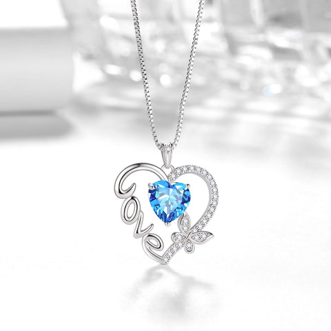 Women Blue Love Heart Necklace Butterfly March Birthstone Necklace Aquamarine CZ 925 Sterling Silver Pendant Jewelry Birthday Mother's Day Gift for Her - Aurora Tears