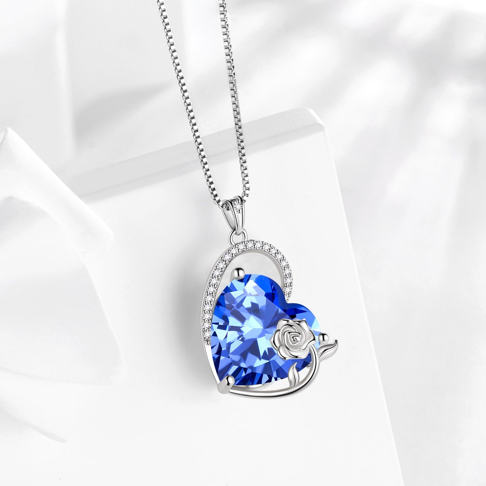 925 Sterling Silver 15MM Heart Necklace Women December Birthstone Tanzanite Blue Jewelry Rose Flower Pendant Christmas Birthday Valentines Gifts for Her - Aurora Tears