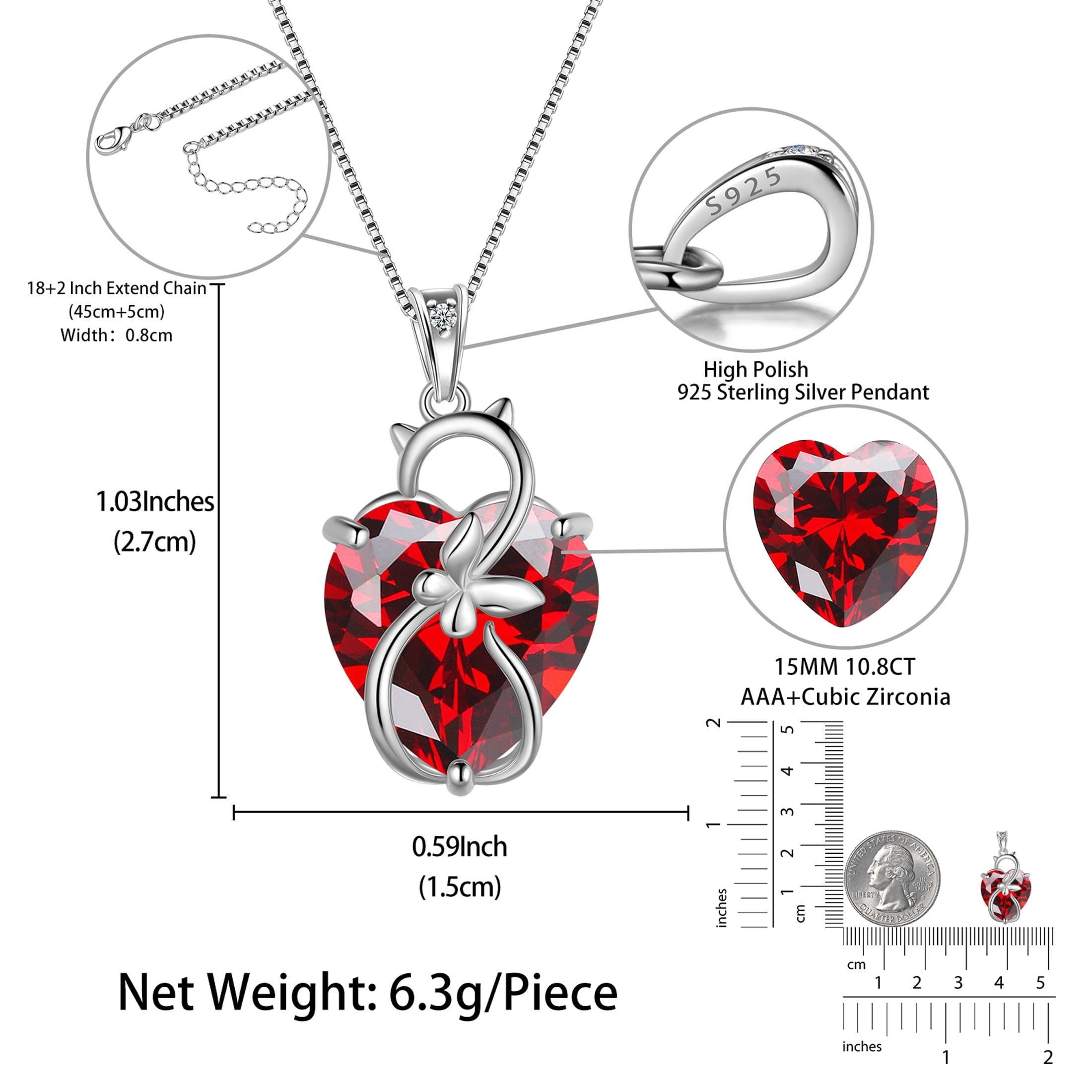 15MM Women Cat Necklace Heart January Birthstone 925 Sterling Silver Pendant Red Garnet Butterfly Jewelry Birthday Valentine's Day Gift - Aurora Tears