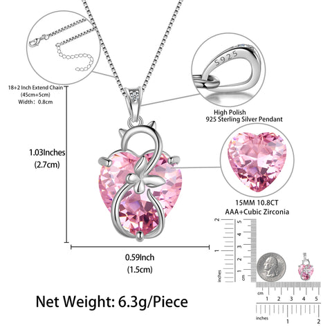 15MM Women Cat Necklace Heart October Birthstone 925 Sterling Silver Pendant Pink Tourmaline Butterfly Jewelry Mother Birthday Valentine's Day Gift - Aurora Tears