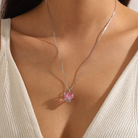 Women Heart Necklace October Birthstone Tourmaline Jewelry Pink 925 Sterling Silver Rose Flower Pendant Birthday Christmas Valentine's Day Gifts - Aurora Tears