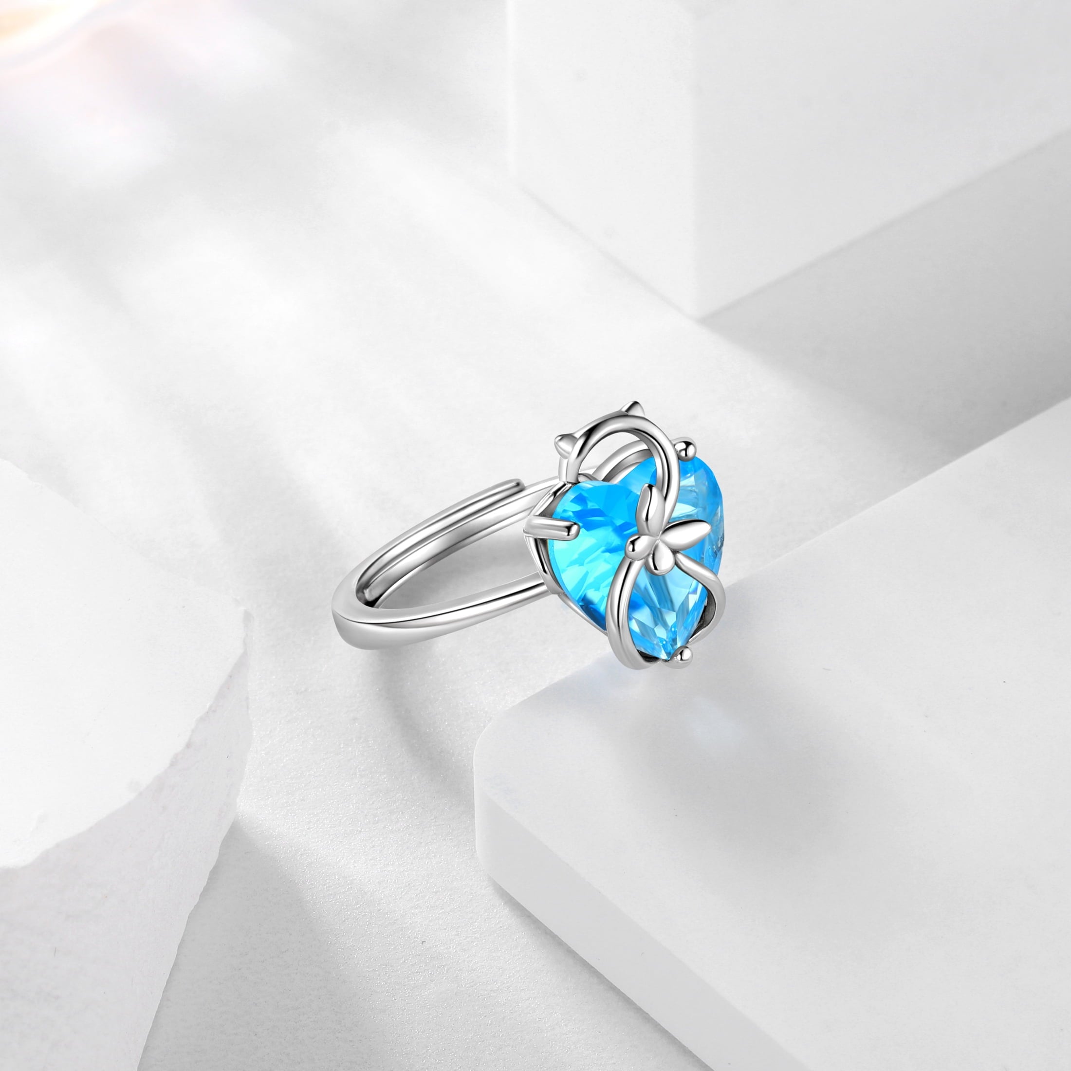 Women Heart Ring 925 Sterling Silver Butterfly March Birthstone Aquamarine Blue Solitaire Ring Jewelry Birthday Gift for Cat Lover Mother - Aurora Tears