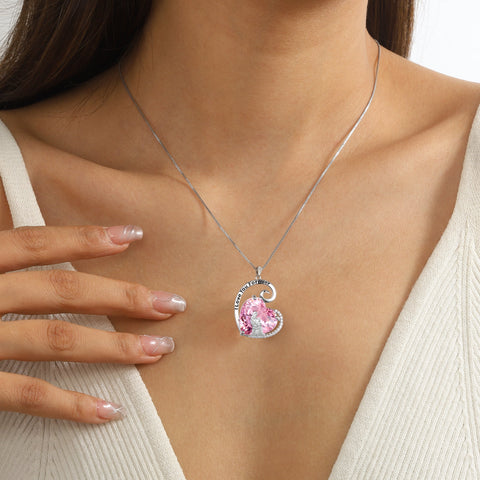 Mother Daughter Necklace 925 Sterling Silver Pink Heart Tourmaline October Birthstone Pendant Jewelry Women Christmas Birthday Gift for Daughter and Mom - Aurora Tears