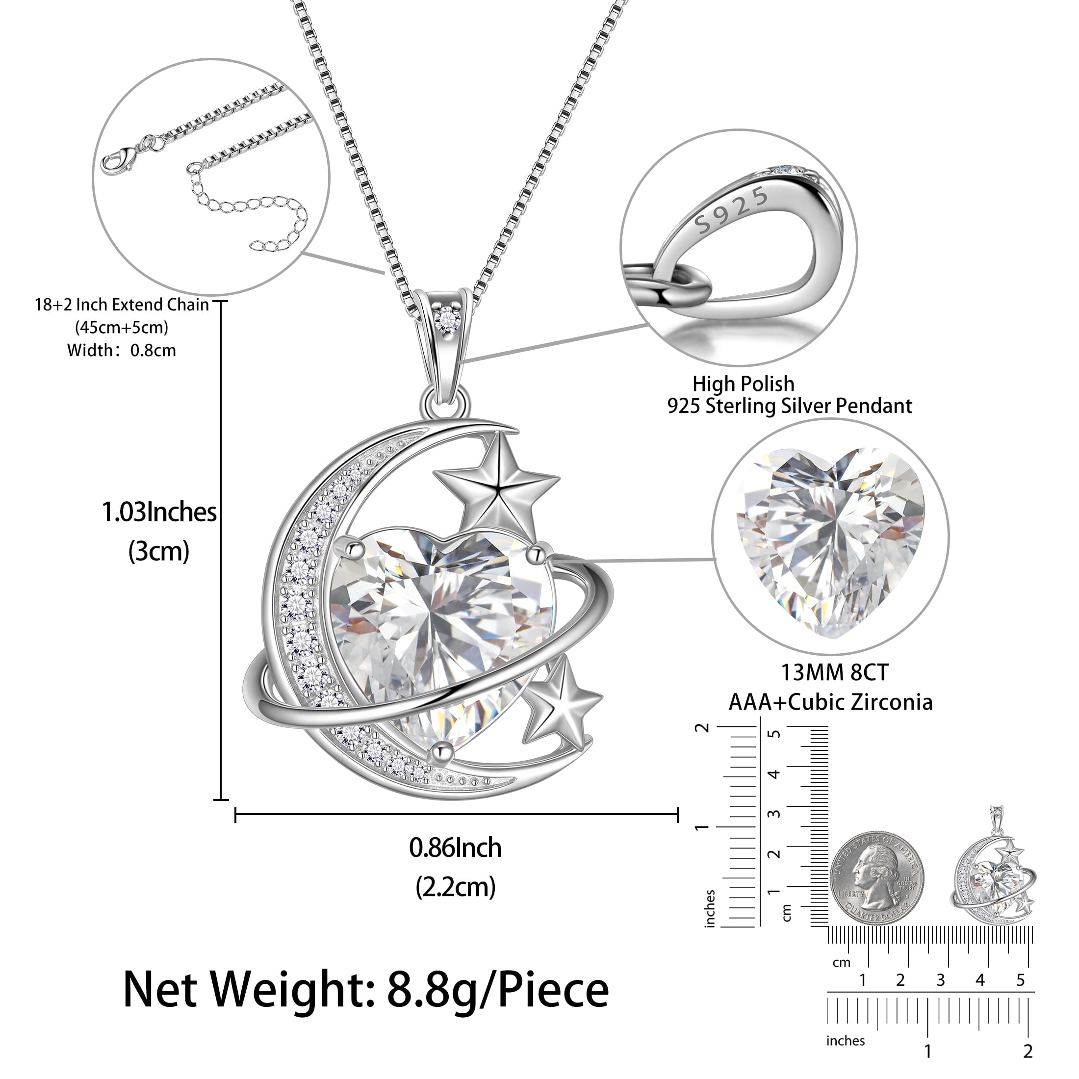 13MM Women Moon Star Necklace Heart April Birthstone 925 Sterling Silver Celestial Necklace Pendant Diamond Crystal Jewelry Christmas Birthday Valentines Gift for Wife/Mom - Aurora Tears