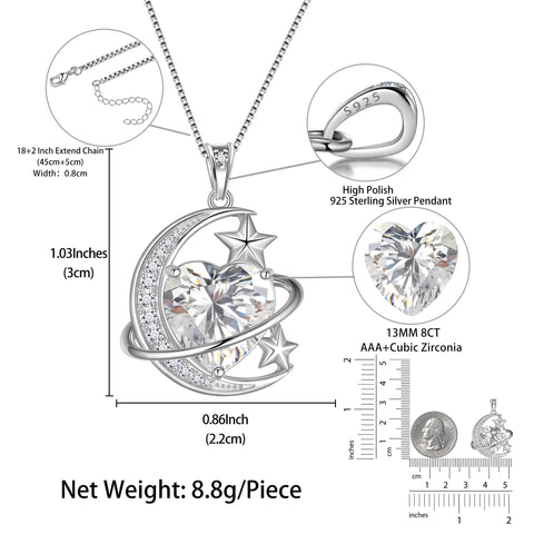13MM Women Moon Star Necklace Heart April Birthstone 925 Sterling Silver Celestial Necklace Pendant Diamond Crystal Jewelry Christmas Birthday Valentines Gift for Wife/Mom - Aurora Tears