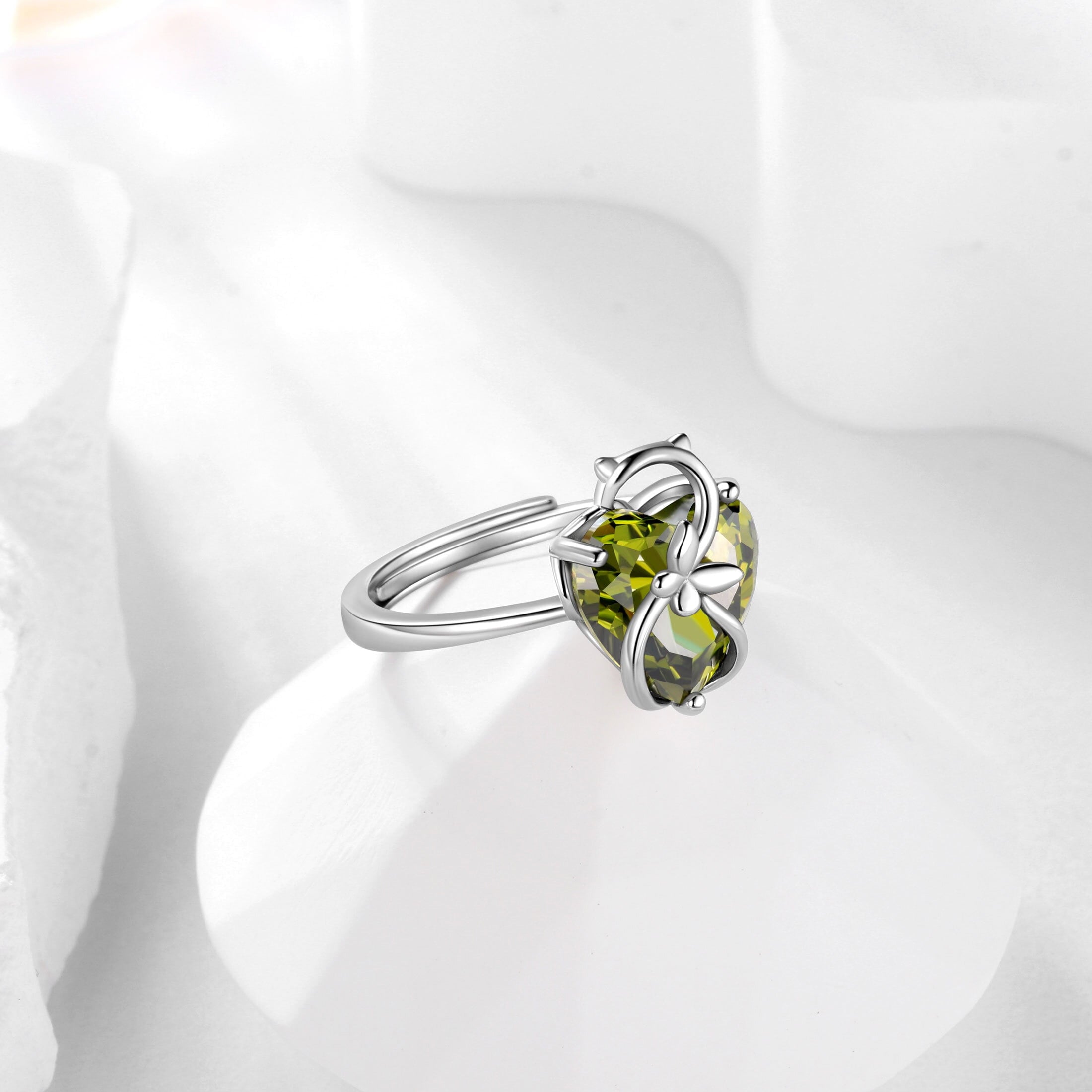Women Heart Ring 925 Sterling Silver Cat Butterfly August Birthstone Peridot Solitaire Ring Jewelry Mom Christmas Birthday Gift - Aurora Tears