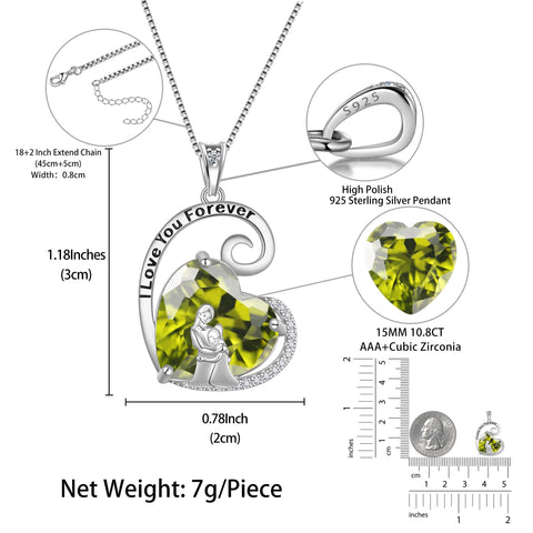 Mother Daughter Necklace 925 Sterling Silver Love Heart Peridot August Birthstone Pendant Jewelry Mom Women Christmas Birthday Mother's Day Gift - Aurora Tears
