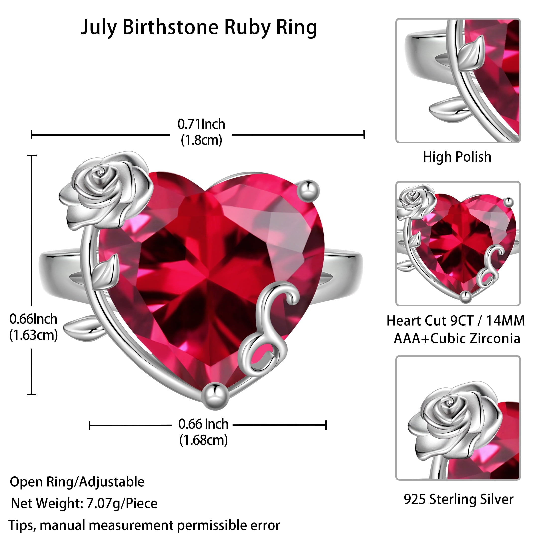 9Ct Women Heart Ring 925 Sterling Silver Rose Flower July Birthstone Ruby Red Solitaire Ring Jewelry Mother Birthday Valentine's Day Gift - Aurora Tears