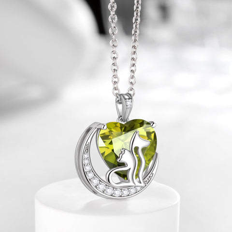 Women Animal Cat and Dog Necklace Green Heart August Birthstone Charm Peridot Pendant Jewelry Birthday Mother's Day Gift for Mom Wife Daughter Pet Lover - Aurora Tears