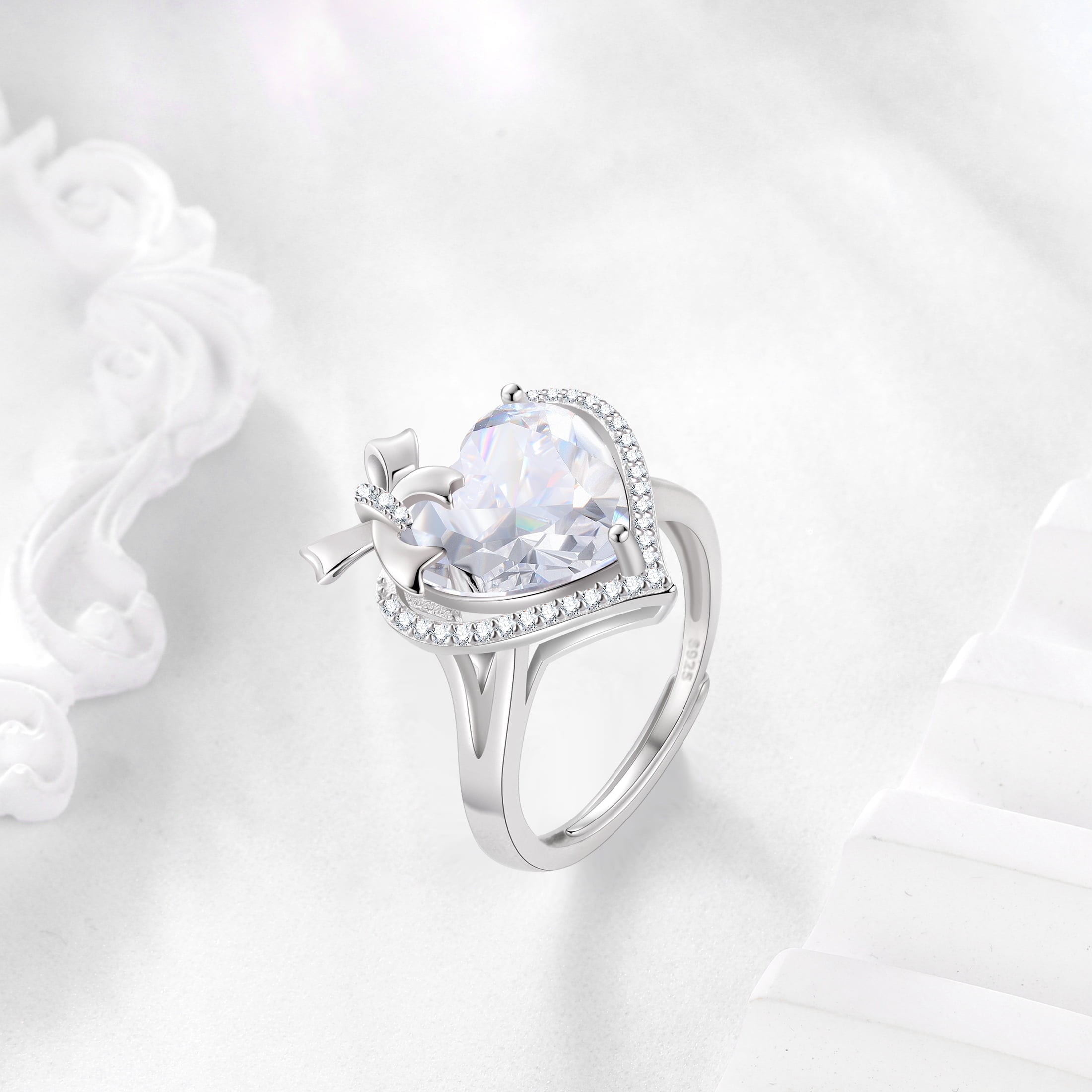 6Ct Heart Women Ring Bow Knot Ribbon 925 Sterling Silver April Birthstone Crystal Diamond Ring Promise Bridal Jewelry Valentines Gift for Wife Mother - Aurora Tears