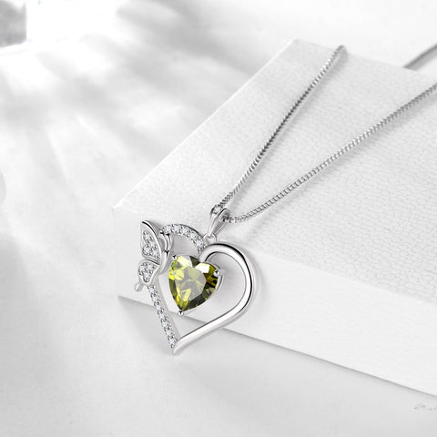 Women Green Heart Necklace Butterfly August Birthstone Necklace Peridot Crystal 925 Sterling Silver Pendant Jewelry Birthday Mother's Day Gift - Aurora Tears