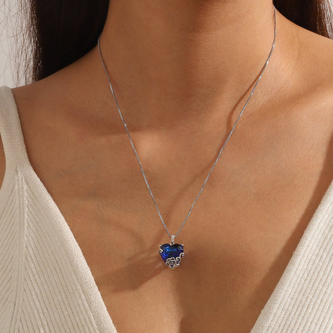 Women Heart Necklace September Birthstone Sapphire Jewelry 925 Sterling Silver Blue Flower Pendant Christmas Birthday Mother's Day Gift - Aurora Tears