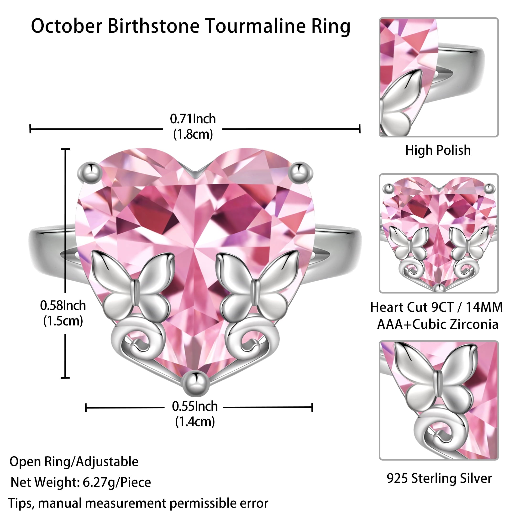 9Ct Women Heart Ring 925 Sterling Silver Butterfly October Birthstone Tourmaline Pink Solitaire Ring Jewelry Mother Birthday Valentine's Day Gifts - Aurora Tears