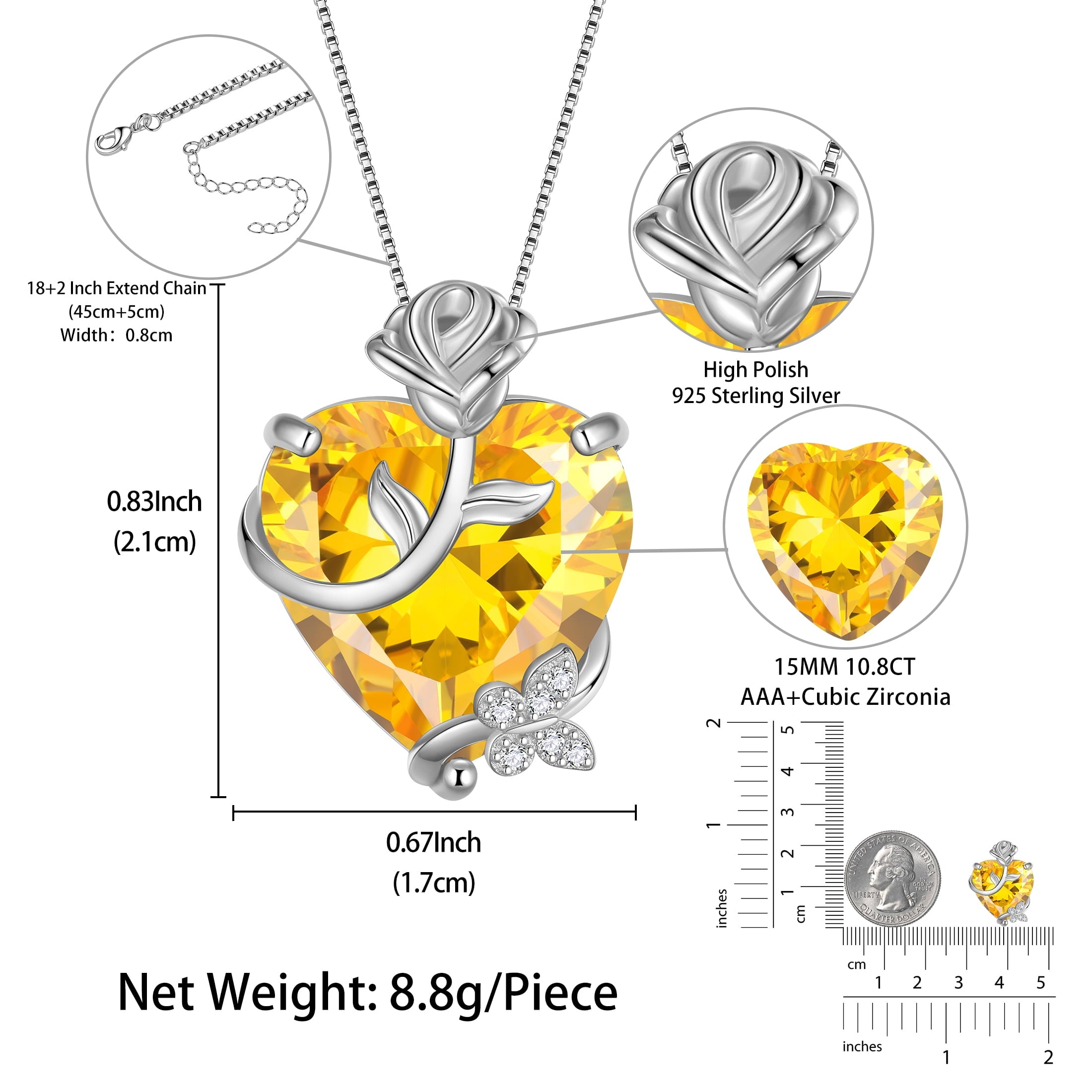 15MM Women Rose Heart Necklace November Birthstone 925 Sterling Silver Butterfly Flower Pendant Citrine Jewelry Yellow Christmas Valentines Gift for Her - Aurora Tears