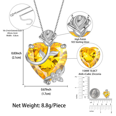 15MM Women Rose Heart Necklace November Birthstone 925 Sterling Silver Butterfly Flower Pendant Citrine Jewelry Yellow Christmas Valentines Gift for Her - Aurora Tears