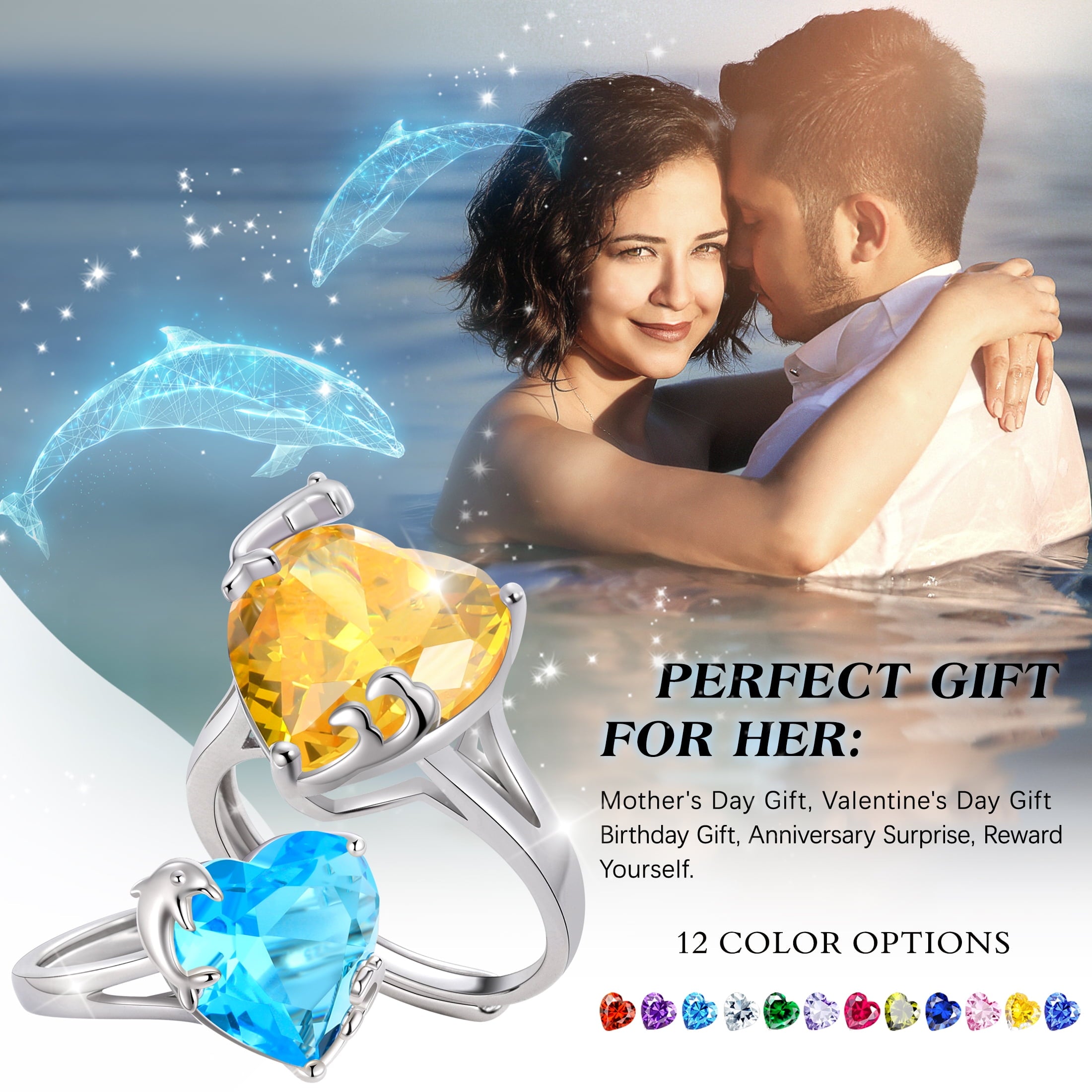 9Ct Women Heart Ring 925 Sterling Silver Dolphin December Birthstone Tanzanite Blue Solitaire Ring Jewelry Mom Christmas Birthday Gift - Aurora Tears