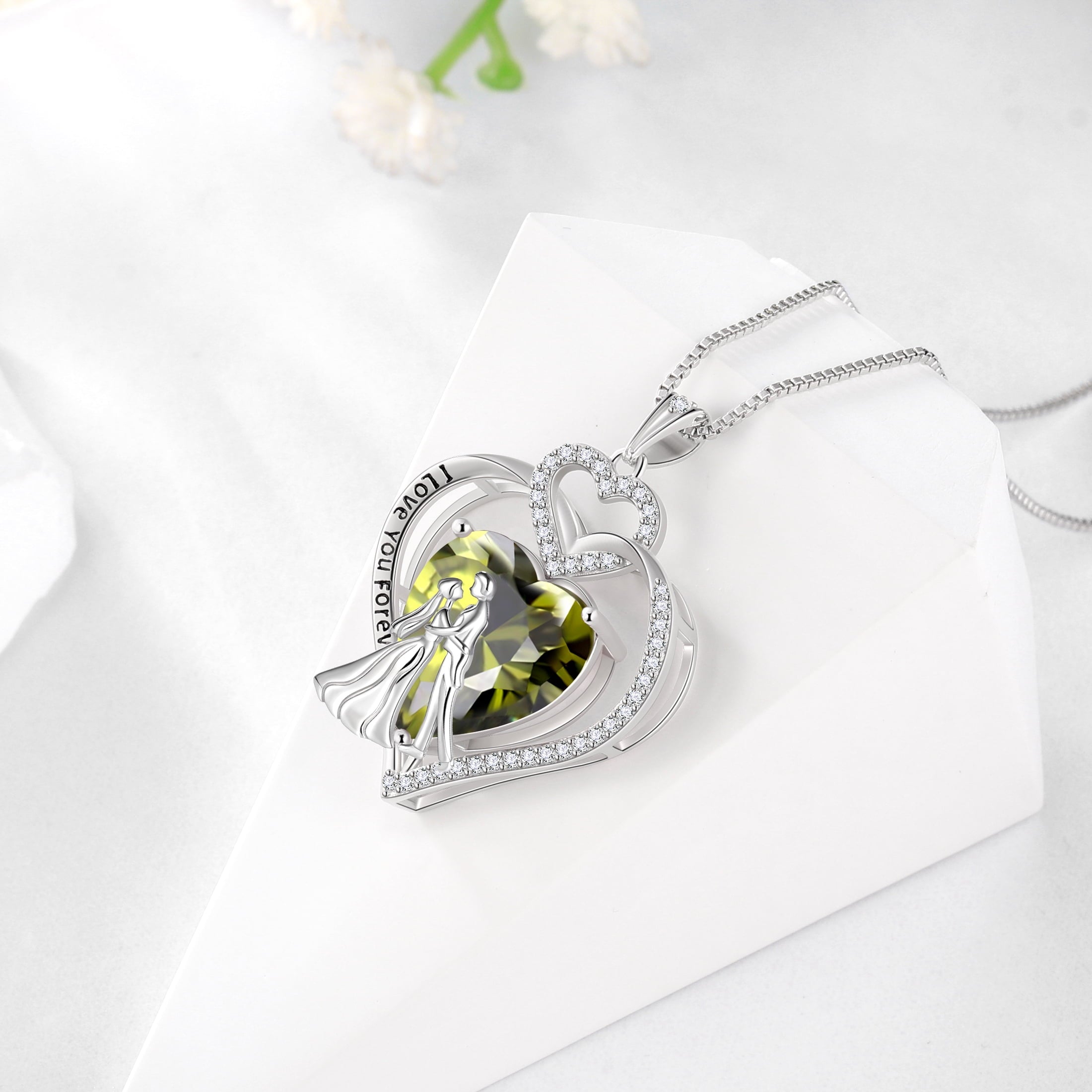 Couple Necklace for Women 925 Sterling Silver Heart August Birthstone Pendant Engraved Love You Wedding Engagement Jewelry Valentines Gift for Wife Girlfriend Her - Aurora Tears